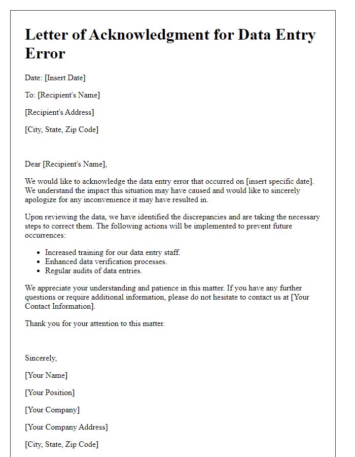 Letter template of acknowledgment for data entry error