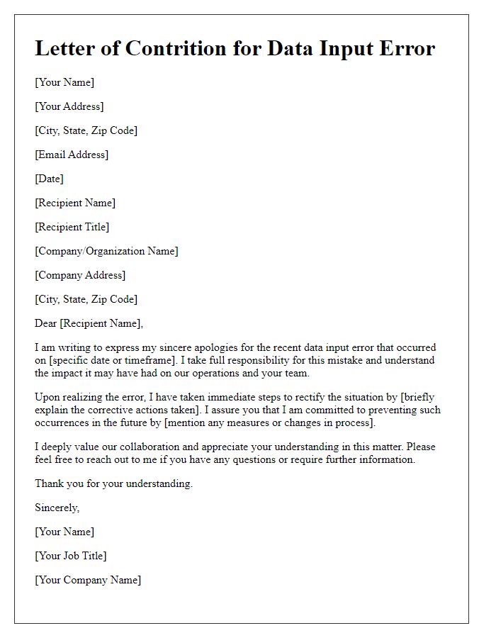 Letter template of contrition for data input error