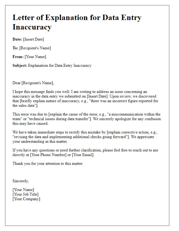 Letter template of explanation for data entry inaccuracy