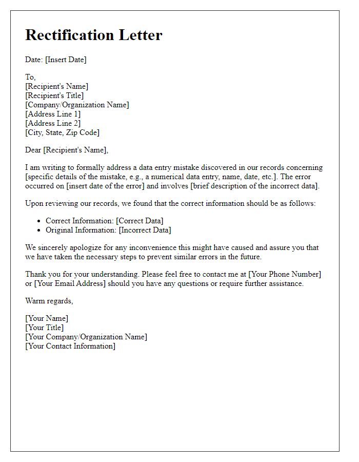 Letter template of rectification regarding data entry mistake