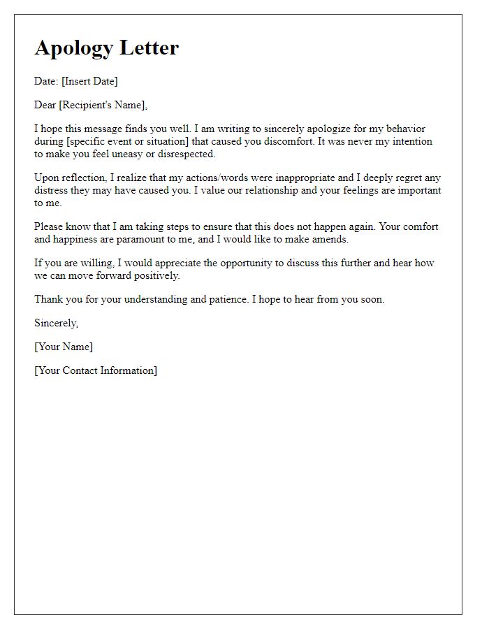 Letter template of candid apology for social discomfort