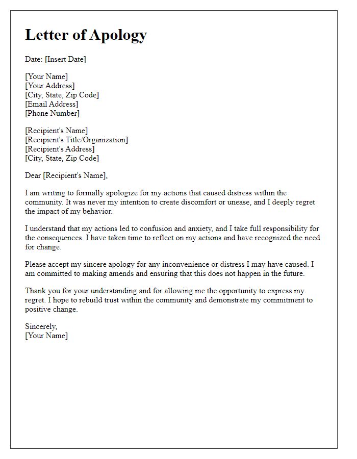 Letter template of formal apology for causing public distress