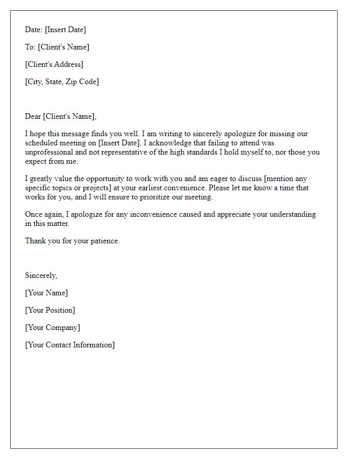 Letter template of acknowledgment for forgetting a client meeting