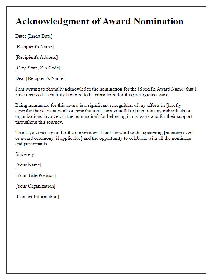 Letter template of acknowledgment for an award nomination