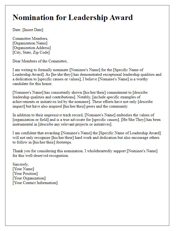 Letter template of advocacy for a leadership award nomination