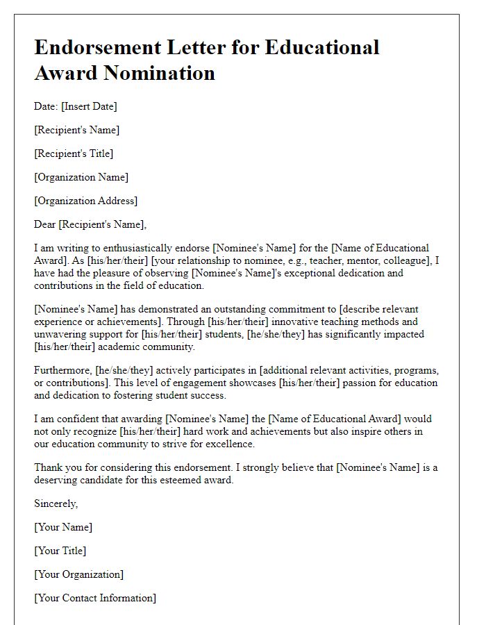 Letter template of endorsement for an educational award nomination