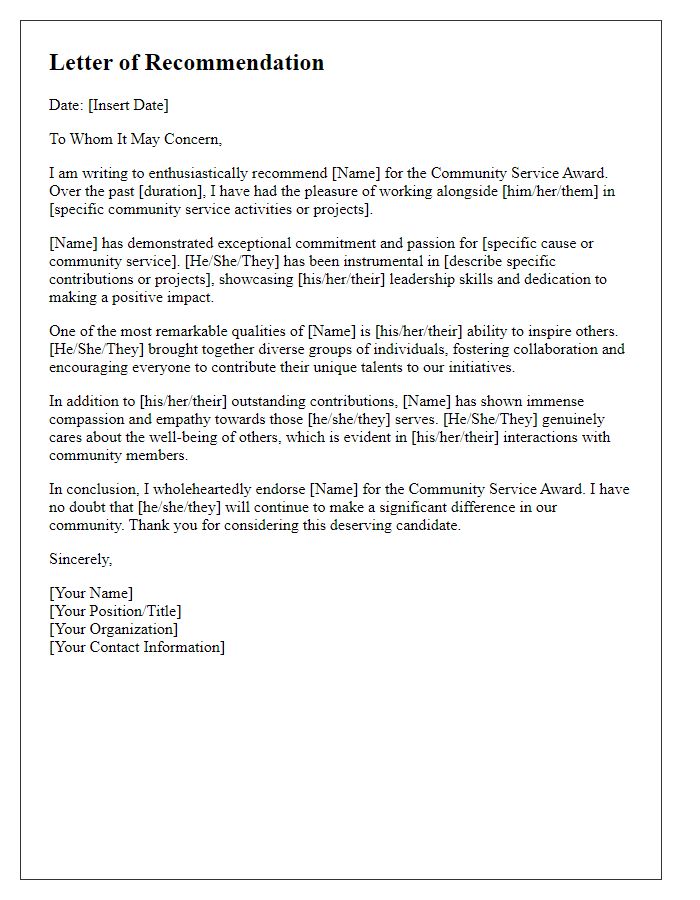 Letter template of recommendation for a community service award