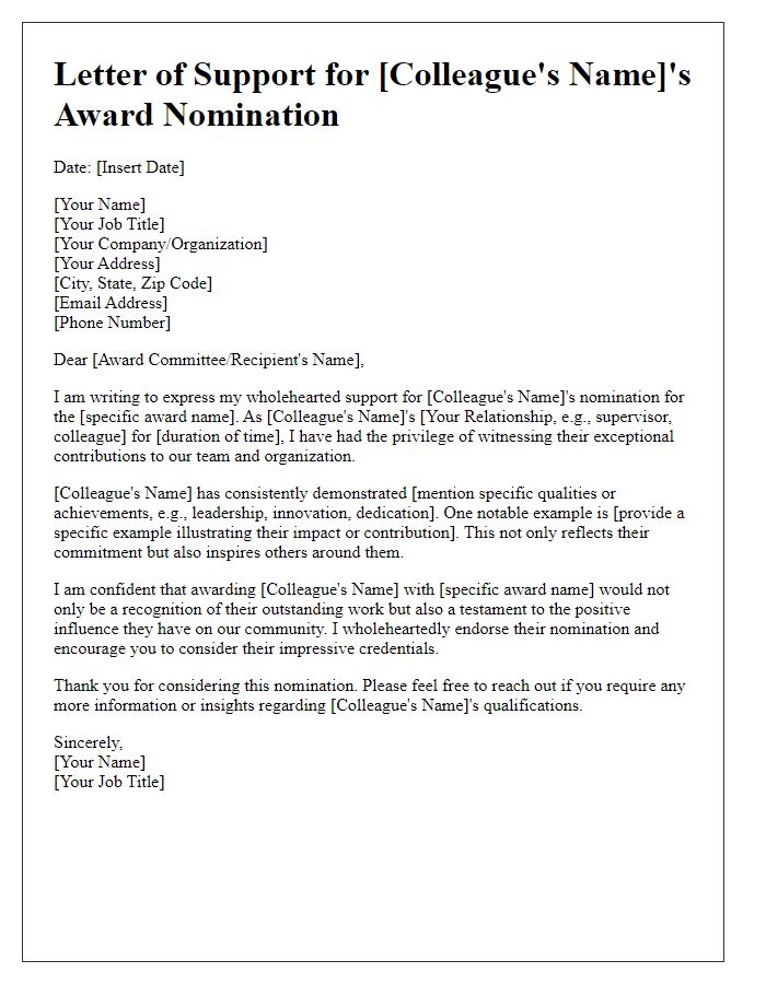 Letter template of support for a colleague's award nomination