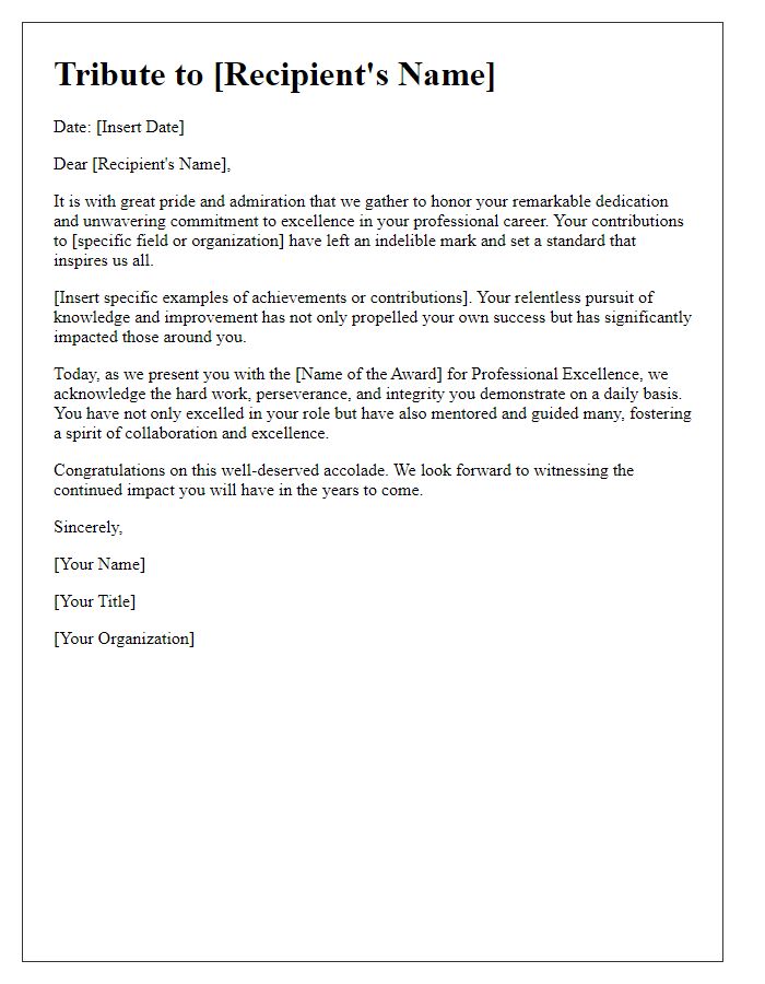 Letter template of tribute for a professional excellence award