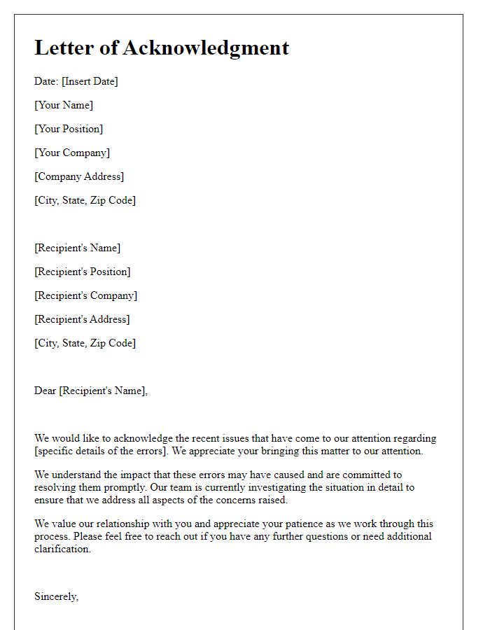 Letter template of acknowledgment for errors in detail attention.