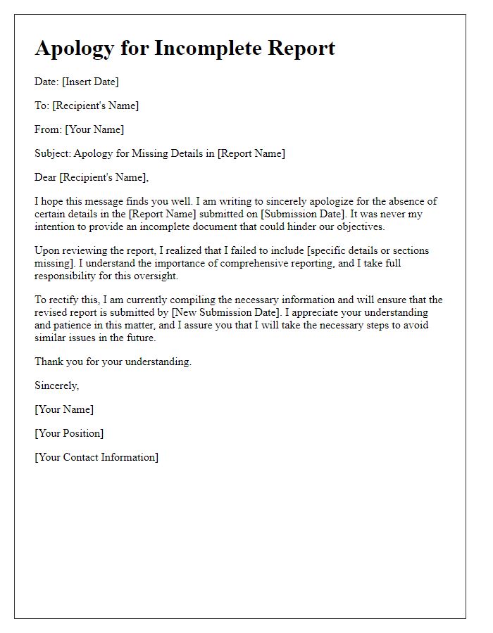 Letter template of apology for absent details in the report.