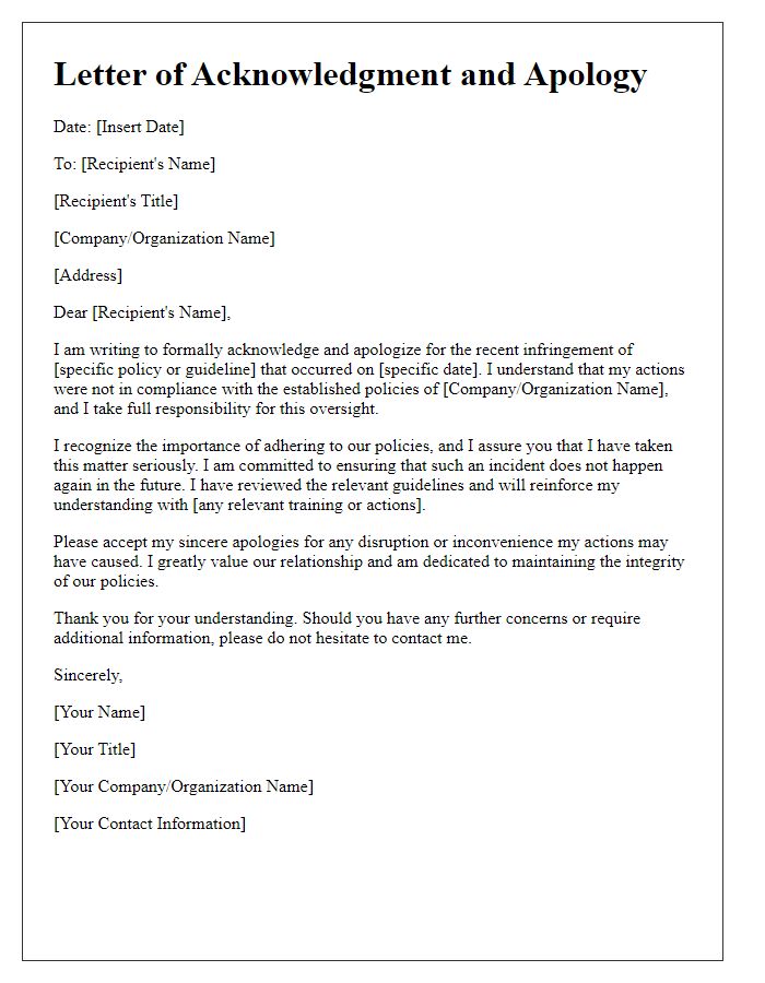 Letter template of acknowledgment and apology for policy infringement