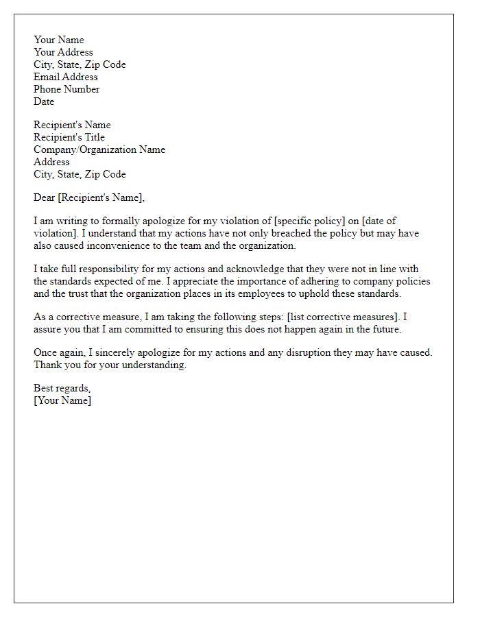 Letter template of formal apology regarding policy violation