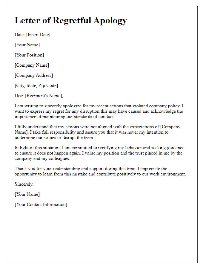 Letter template of regretful apology for breaking company policy