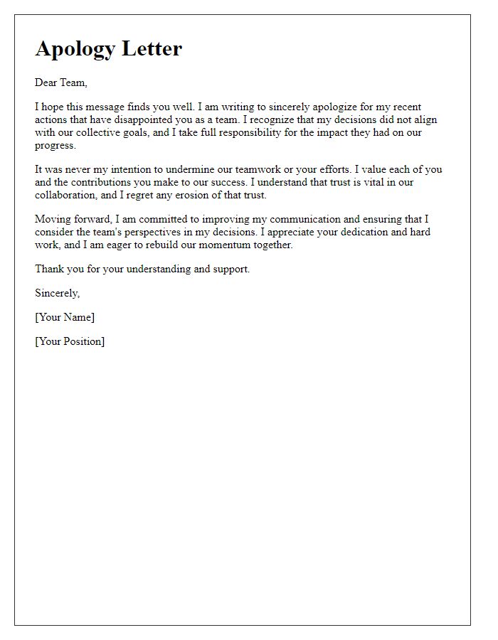 Letter template of personal apology for disappointing team members