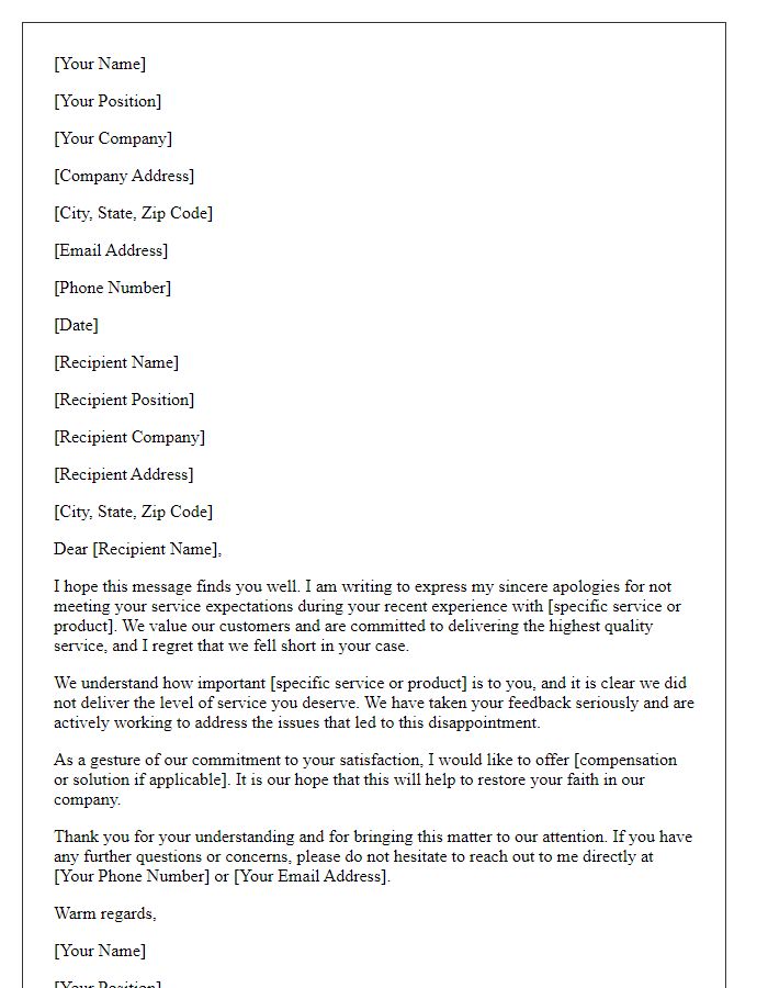 Letter template of professional apology for unmet service expectations