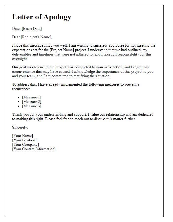 Letter template of sincere apology for unmet project expectations