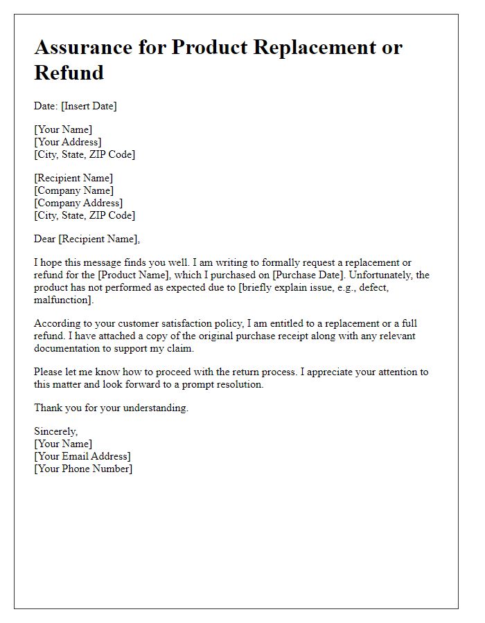 Letter template of assurance for product replacement or refund.