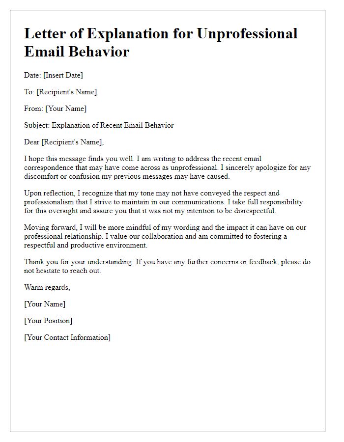 Letter template of explanation for unprofessional email behavior