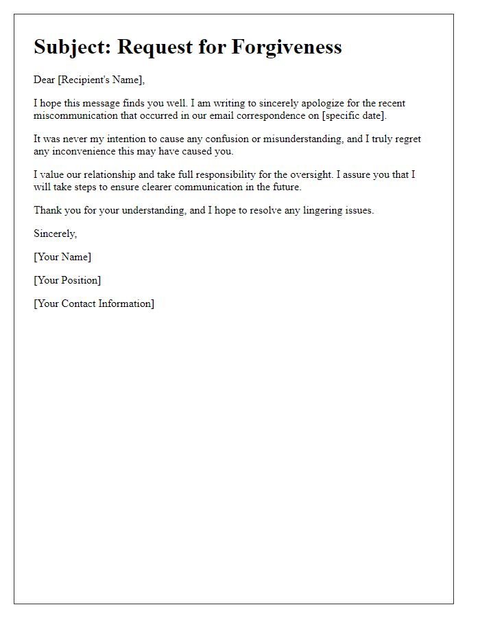 Letter template of request for forgiveness regarding email miscommunication