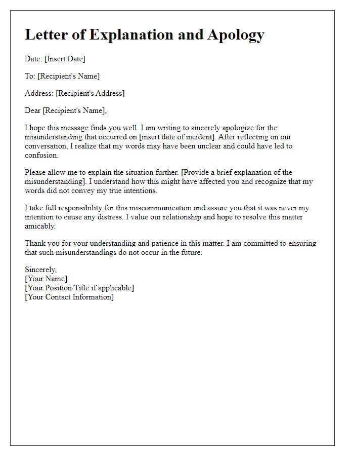 Letter template of explanation and apology for misunderstanding.