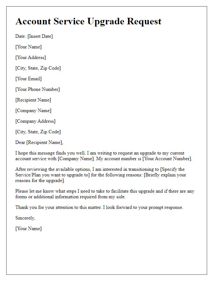 Letter template of account service upgrade request