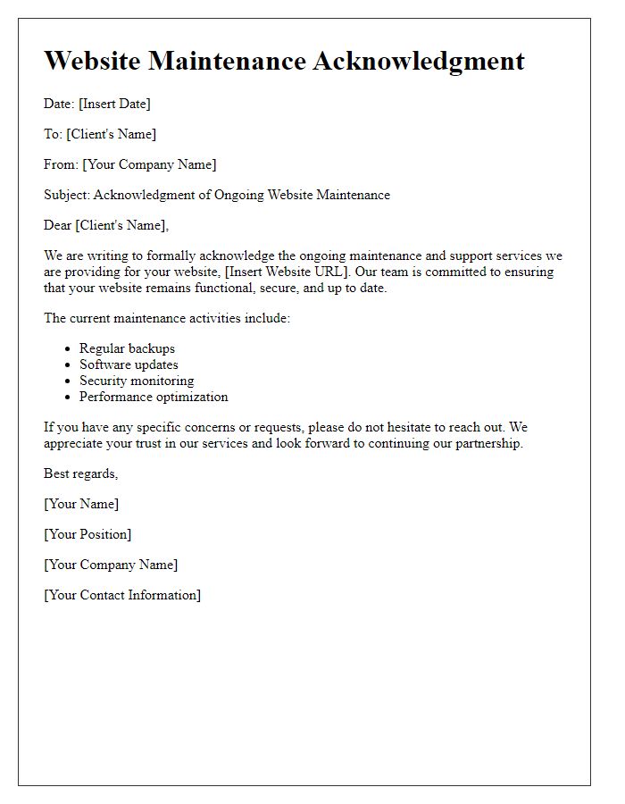 Letter template of acknowledgment for ongoing website maintenance