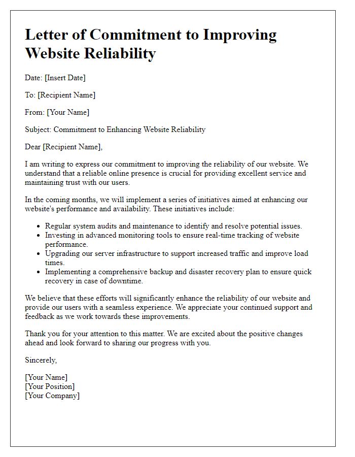 Letter template of commitment to improving website reliability