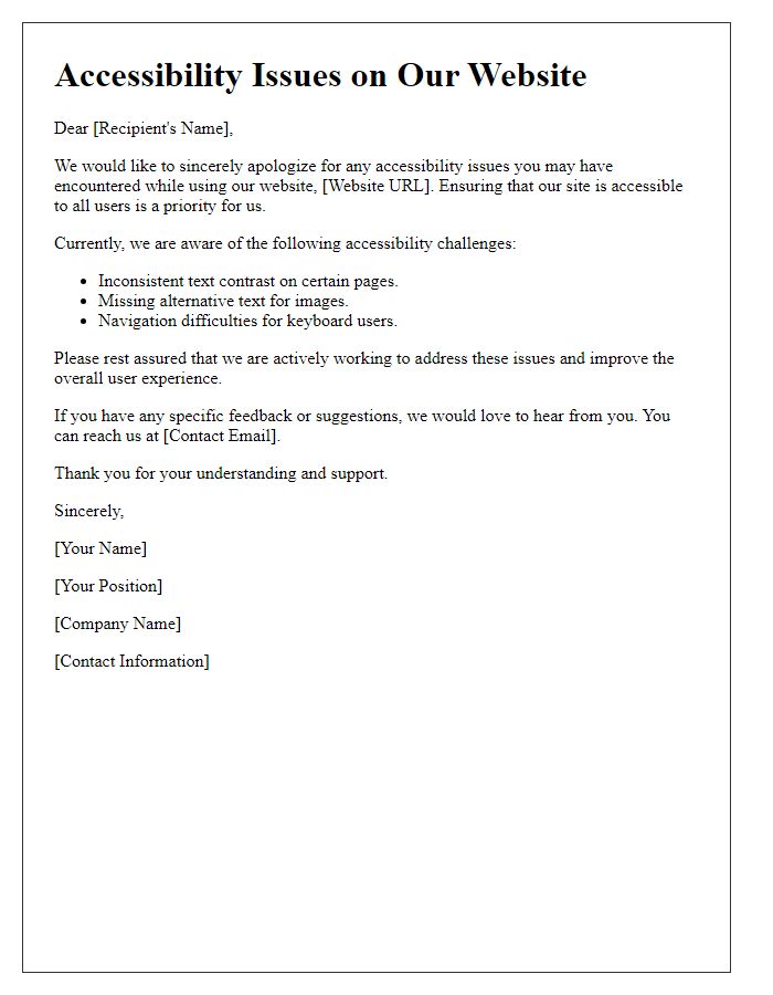 Letter template of explanation for website accessibility issues