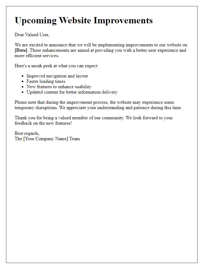 Letter template of notification for upcoming website improvements