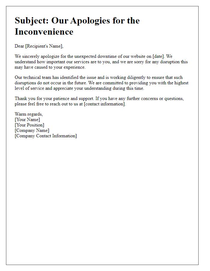 Letter template of sincere apology for unexpected website downtime