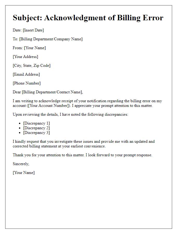 Letter template of acknowledgment for billing error.