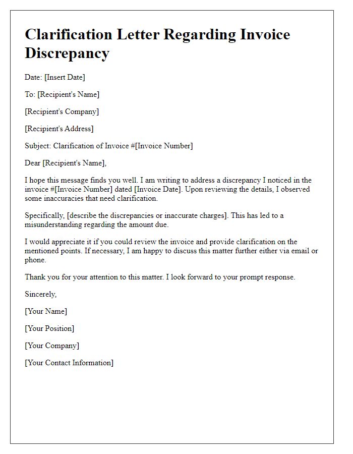 Letter template of clarification for inaccurate invoicing.
