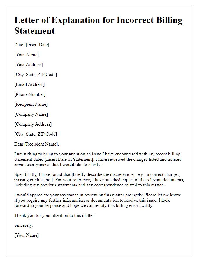 Letter template of explanation for incorrect billing statement.