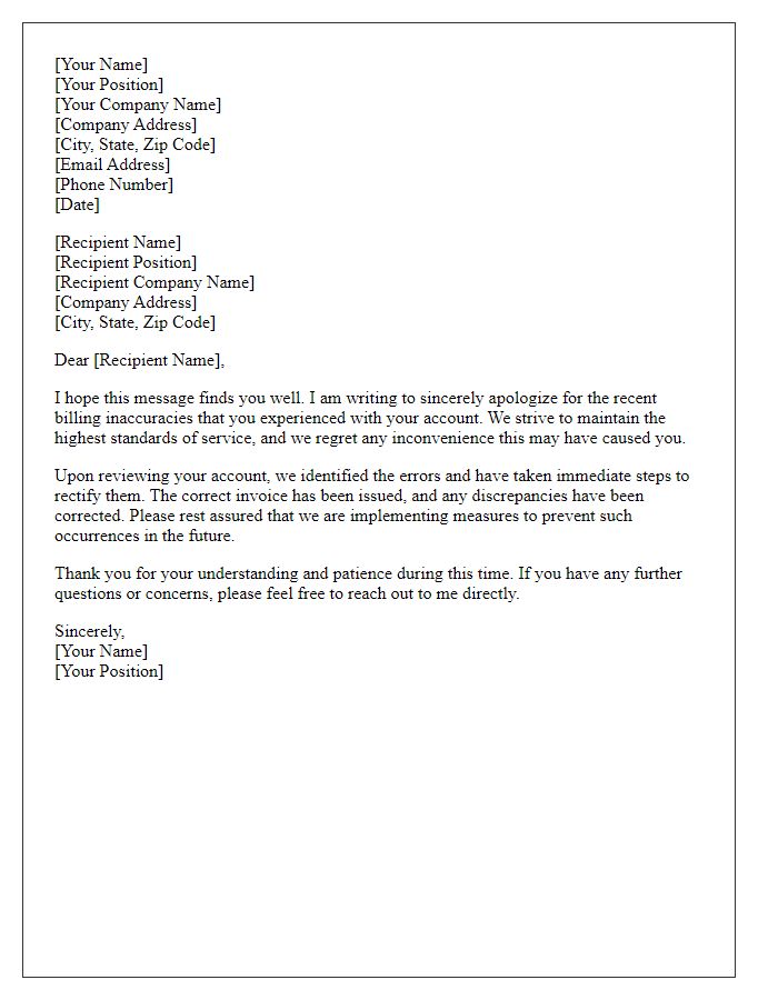 Letter template of prompt apology for billing inaccuracies.