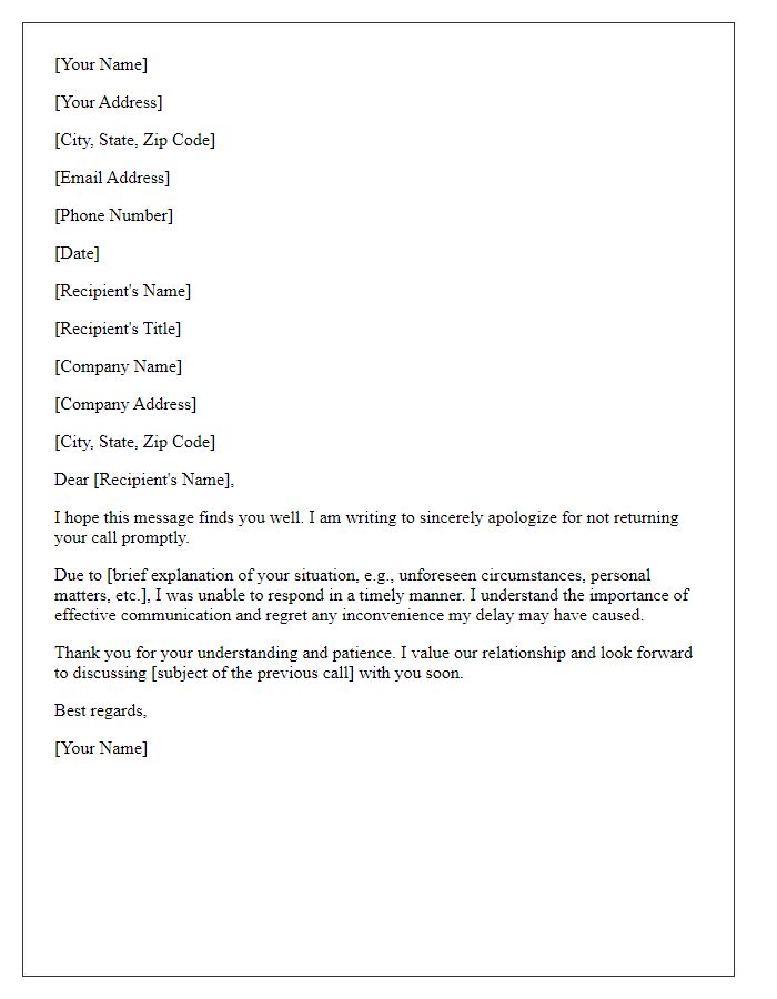 Letter template of explanation for not returning a call promptly