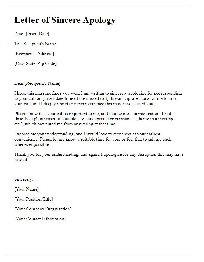 Letter template of sincere apology for missed call response