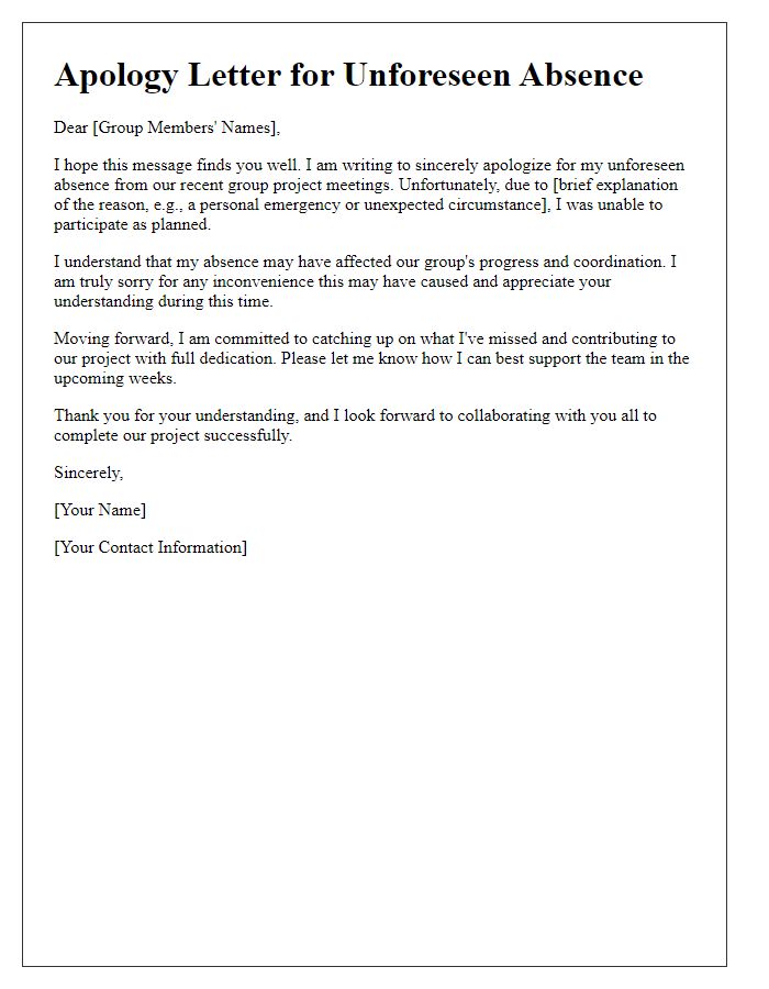 Letter template of apology for unforeseen personal absence from a group project.