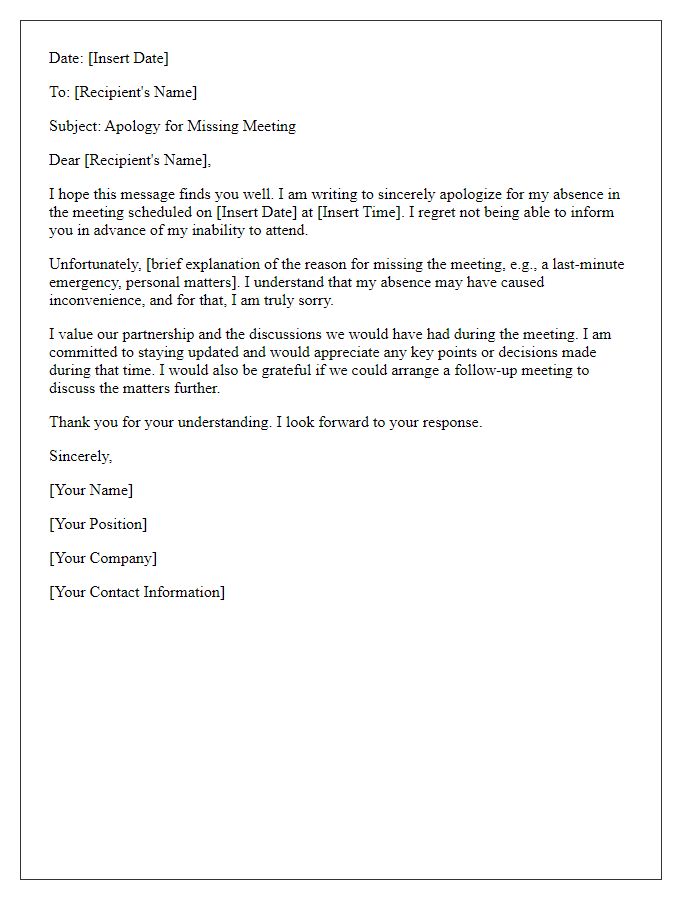 Letter template of regret for missing an important meeting without notice.