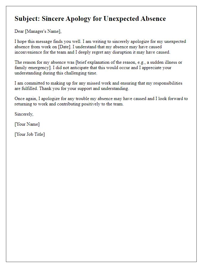 Letter template of sincere apology for unexpected absence from work.