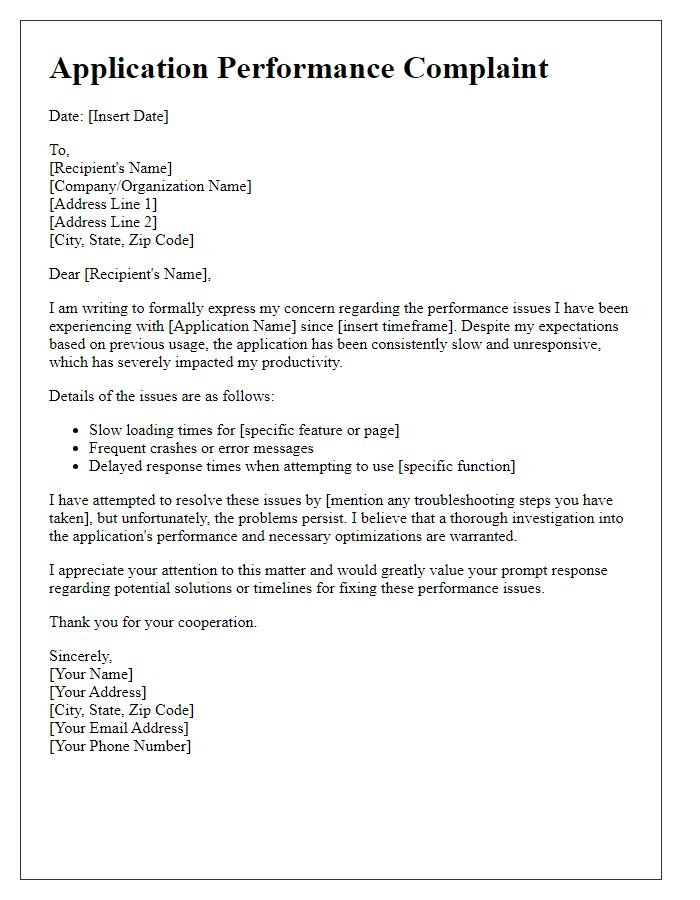 Letter template of application performance complaint