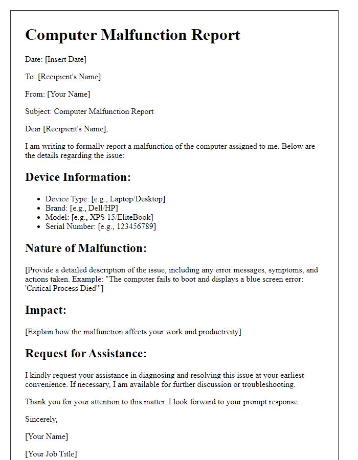 Letter template of computer malfunction report