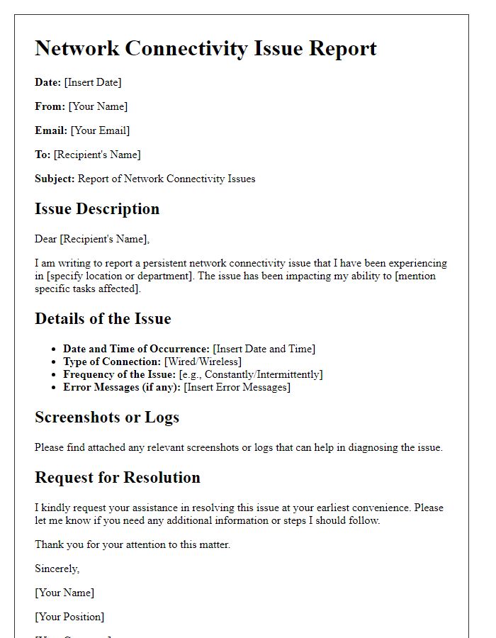 Letter template of network connectivity issue report