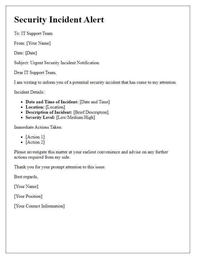 Letter template of security incident alert to IT support