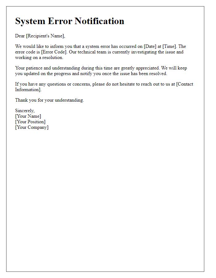 Letter template of system error communication