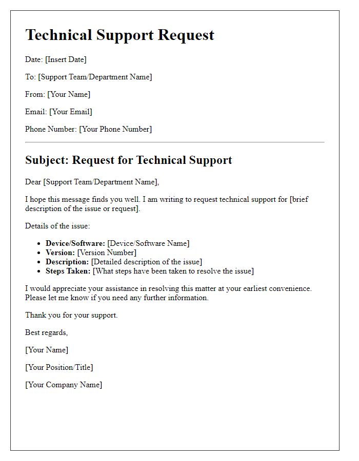 Letter template of technical support request