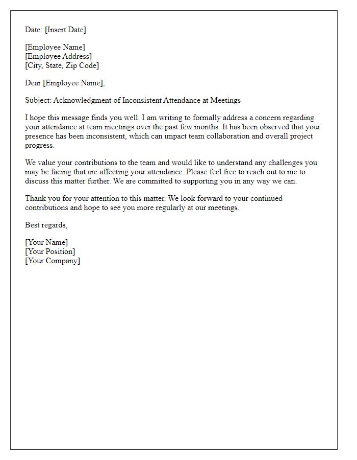 Letter template of acknowledgment for inconsistent attendance at meetings.