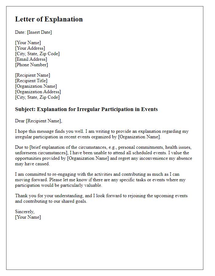 Letter template of explanation for irregular participation in events.