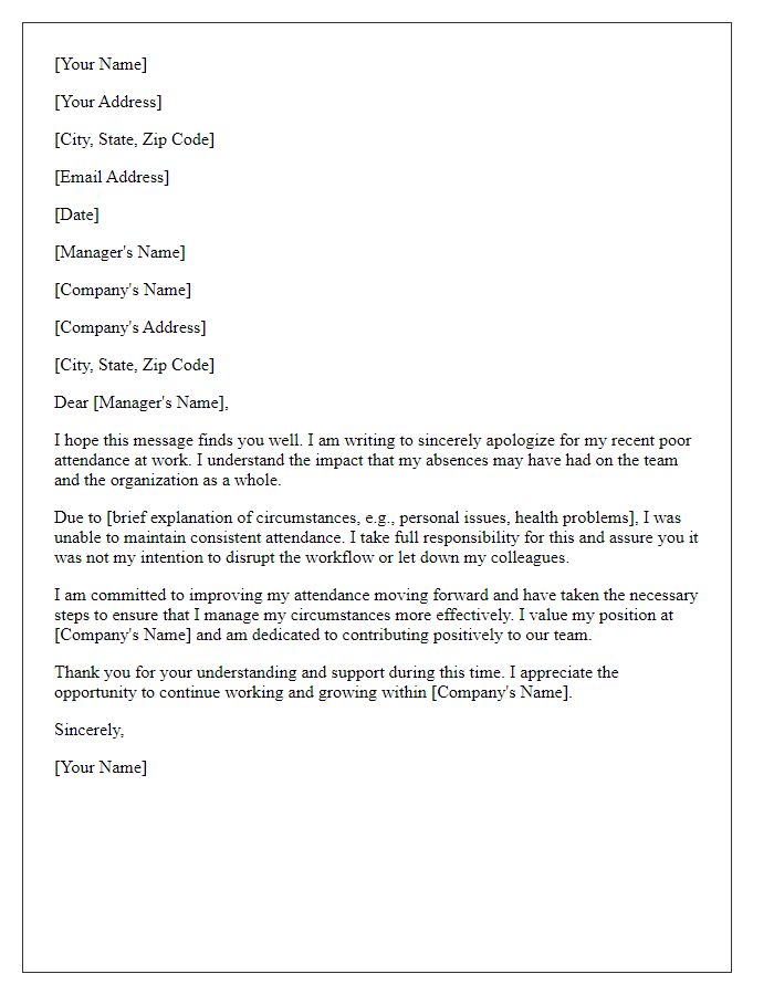 Letter template of sincere apology for poor attendance at work.