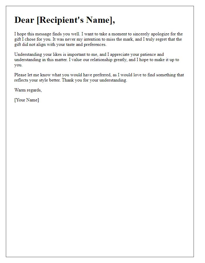 Letter template of apology for a misaligned gift choice